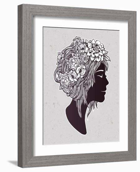 Hand Drawn Beautiful Artwork of a Girl Head with Decorative Hair and Romantic Flowers on Her Head.-Katja Gerasimova-Framed Art Print