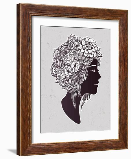 Hand Drawn Beautiful Artwork of a Girl Head with Decorative Hair and Romantic Flowers on Her Head.-Katja Gerasimova-Framed Art Print