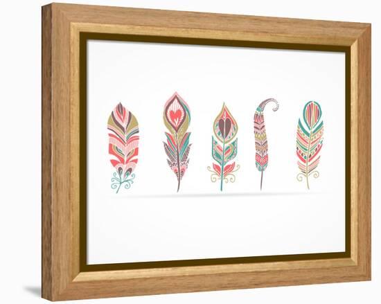 Hand Drawn Bohemian, Tribal, Ethnic Feathers. Colorful Set-Marish-Framed Stretched Canvas