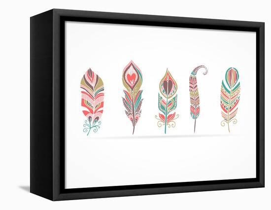 Hand Drawn Bohemian, Tribal, Ethnic Feathers. Colorful Set-Marish-Framed Stretched Canvas