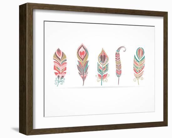 Hand Drawn Bohemian, Tribal, Ethnic Feathers. Colorful Set-Marish-Framed Art Print