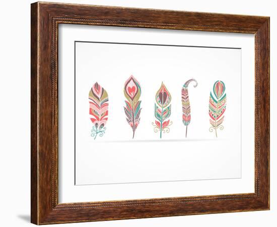 Hand Drawn Bohemian, Tribal, Ethnic Feathers. Colorful Set-Marish-Framed Art Print