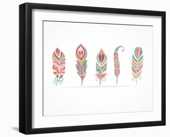 Hand Drawn Bohemian, Tribal, Ethnic Feathers. Colorful Set-Marish-Framed Art Print