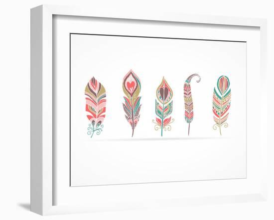 Hand Drawn Bohemian, Tribal, Ethnic Feathers. Colorful Set-Marish-Framed Art Print