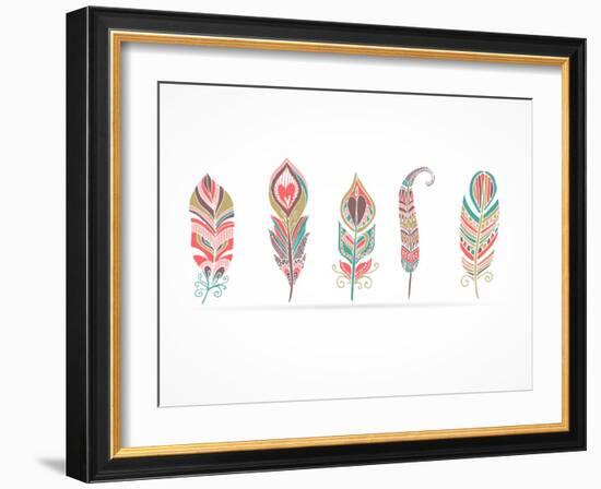 Hand Drawn Bohemian, Tribal, Ethnic Feathers. Colorful Set-Marish-Framed Art Print