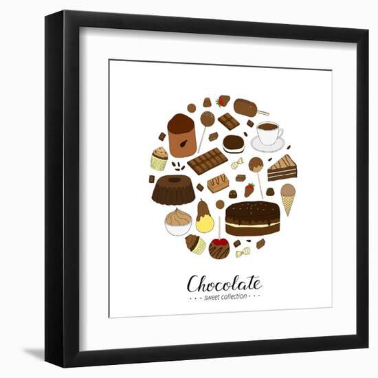 Hand Drawn Chocolate Products in Circle Shape. Cocoa, Chocolate Cake, Cupcake, Bundt, Ice Cream, Ca-Minur-Framed Art Print