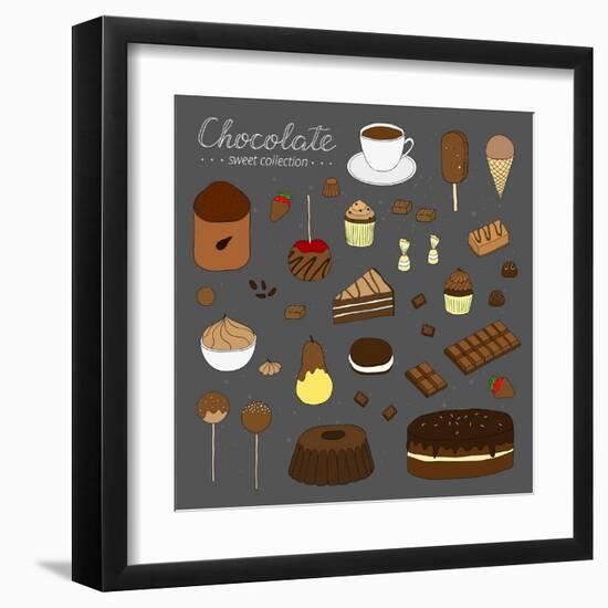 Hand Drawn Chocolate Products Isolated on Chalkboard. Cocoa, Chocolate Cake, Cupcake, Bundt, Ice Cr-Minur-Framed Art Print