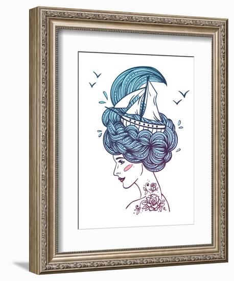 Hand Drawn Color Artwork of a Dreaming Young Beautiful Woman with Ship in Waves of Curly Swirly Sea-Monomoon-Framed Art Print