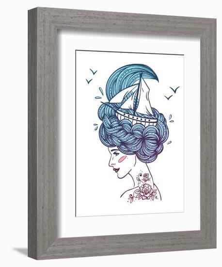 Hand Drawn Color Artwork of a Dreaming Young Beautiful Woman with Ship in Waves of Curly Swirly Sea-Monomoon-Framed Art Print