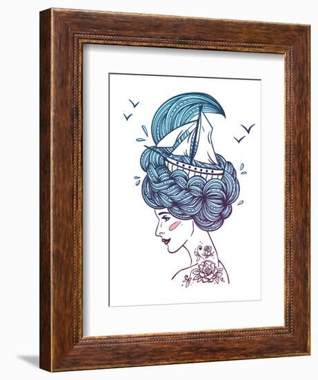 Hand Drawn Color Artwork of a Dreaming Young Beautiful Woman with Ship in Waves of Curly Swirly Sea-Monomoon-Framed Art Print