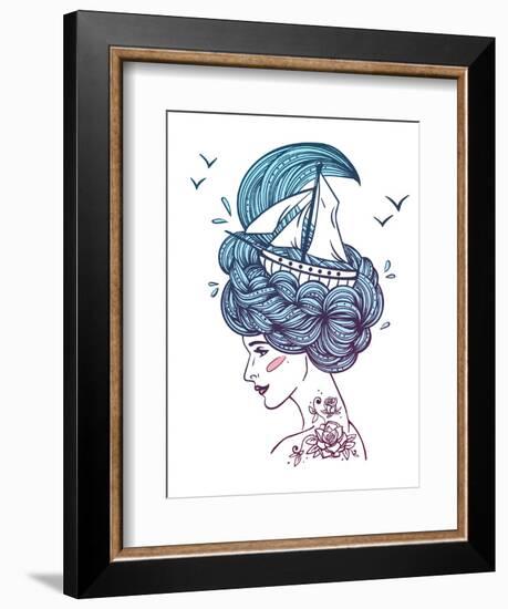 Hand Drawn Color Artwork of a Dreaming Young Beautiful Woman with Ship in Waves of Curly Swirly Sea-Monomoon-Framed Art Print