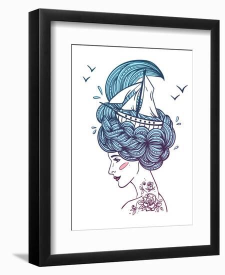 Hand Drawn Color Artwork of a Dreaming Young Beautiful Woman with Ship in Waves of Curly Swirly Sea-Monomoon-Framed Art Print