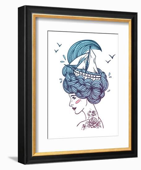 Hand Drawn Color Artwork of a Dreaming Young Beautiful Woman with Ship in Waves of Curly Swirly Sea-Monomoon-Framed Art Print