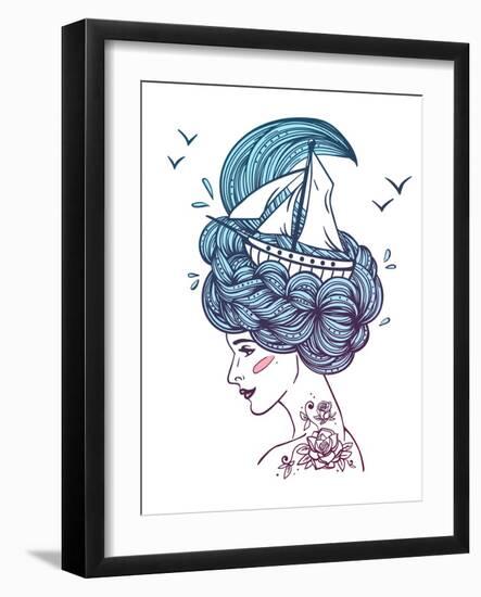 Hand Drawn Color Artwork of a Dreaming Young Beautiful Woman with Ship in Waves of Curly Swirly Sea-Monomoon-Framed Art Print