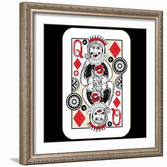 Hand Drawn Deck Of Cards, Doodle Queen Of Diamonds-Andriy Zholudyev-Framed Art Print