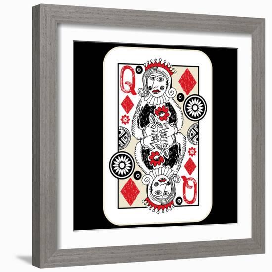 Hand Drawn Deck Of Cards, Doodle Queen Of Diamonds-Andriy Zholudyev-Framed Art Print