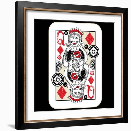 Hand Drawn Deck Of Cards, Doodle Queen Of Diamonds-Andriy Zholudyev-Framed Art Print