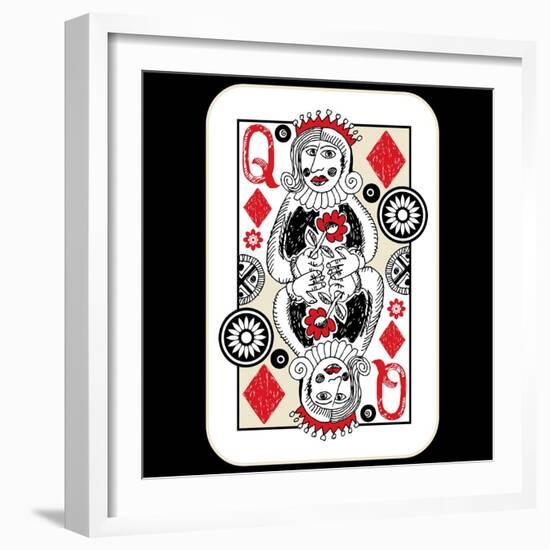 Hand Drawn Deck Of Cards, Doodle Queen Of Diamonds-Andriy Zholudyev-Framed Art Print