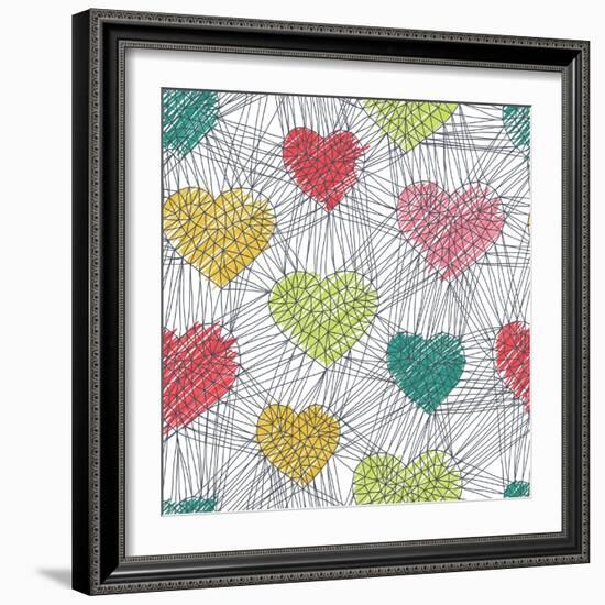 Hand Drawn Doodle Seamless Pattern of Hearts-Ms.Moloko-Framed Art Print