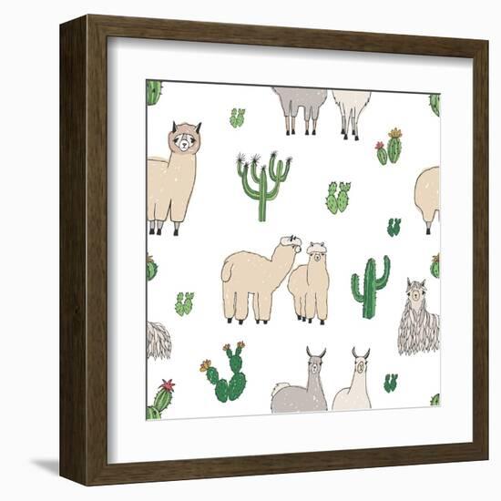 Hand Drawn Doodle Seamless Pattern with Alpaca, Llama, Cactuses-GoodStudio-Framed Art Print