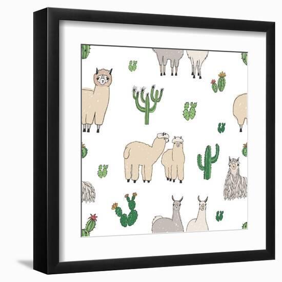 Hand Drawn Doodle Seamless Pattern with Alpaca, Llama, Cactuses-GoodStudio-Framed Art Print