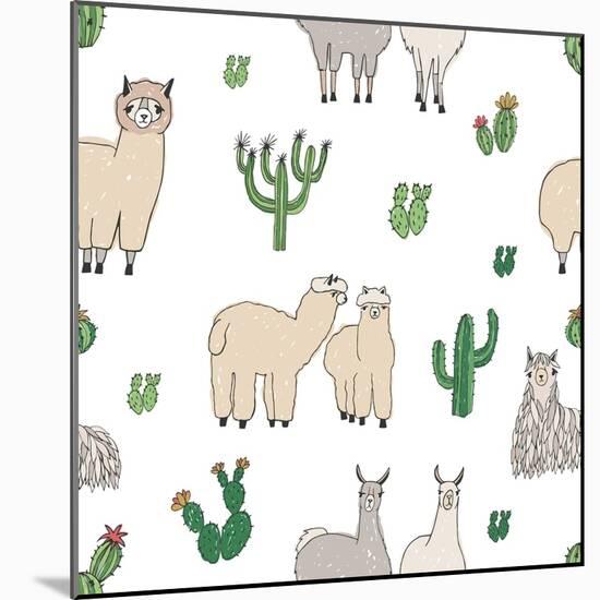 Hand Drawn Doodle Seamless Pattern with Alpaca, Llama, Cactuses-GoodStudio-Mounted Art Print