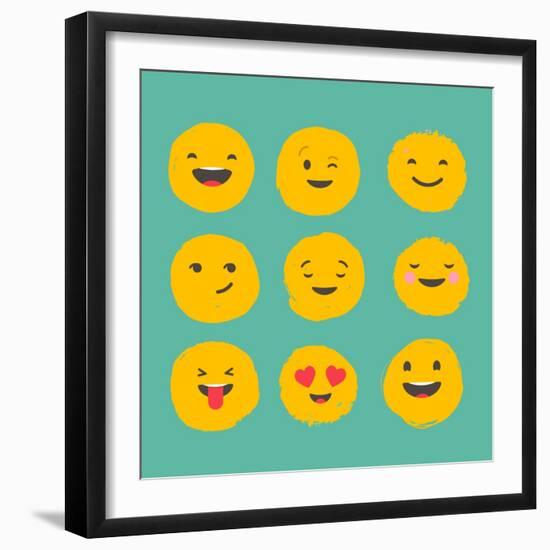 Hand Drawn Emoticons, Colorful Emoji Icons with Communication Speech Bubbles-Marish-Framed Art Print