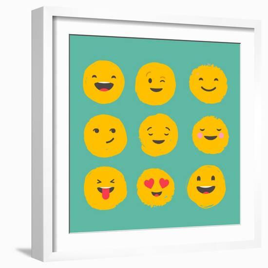 Hand Drawn Emoticons, Colorful Emoji Icons with Communication Speech Bubbles-Marish-Framed Art Print