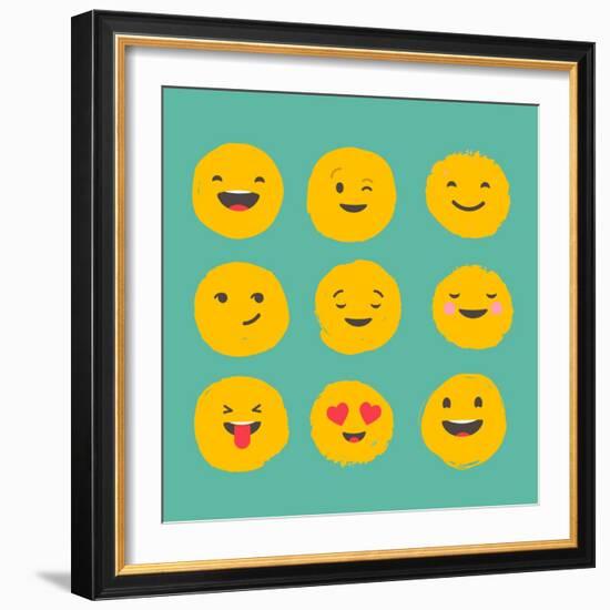 Hand Drawn Emoticons, Colorful Emoji Icons with Communication Speech Bubbles-Marish-Framed Art Print