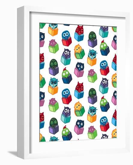 Hand Drawn Funny Owl with Book Seamless Pattern. Owls Learning Subject for Print, Fabric, Wrap and-BarsRsind-Framed Art Print
