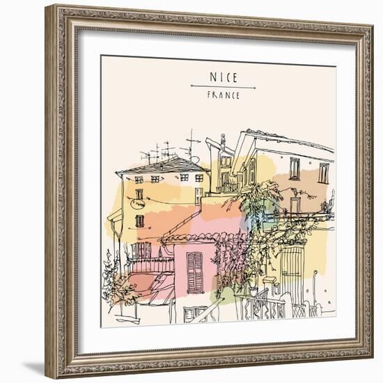 Hand Drawn Illustration of Multicolored Houses with Shutters and Trees in the Old Town of Nice, Fre-babayuka-Framed Art Print