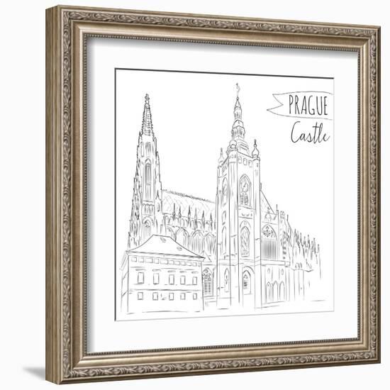 Hand Drawn Illustration of Prague Castle, Czech Republic.-kotoko-Framed Art Print