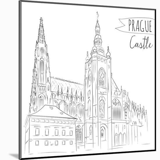 Hand Drawn Illustration of Prague Castle, Czech Republic.-kotoko-Mounted Art Print