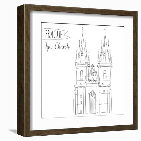 Hand Drawn Illustration of Tyn Church Building in Prague, Czech Republic.-kotoko-Framed Art Print