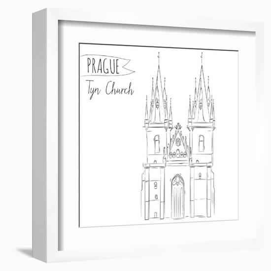 Hand Drawn Illustration of Tyn Church Building in Prague, Czech Republic.-kotoko-Framed Art Print