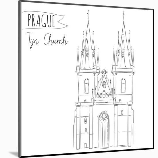 Hand Drawn Illustration of Tyn Church Building in Prague, Czech Republic.-kotoko-Mounted Art Print