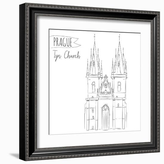 Hand Drawn Illustration of Tyn Church Building in Prague, Czech Republic.-kotoko-Framed Art Print