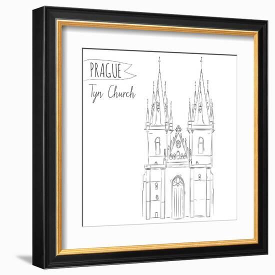 Hand Drawn Illustration of Tyn Church Building in Prague, Czech Republic.-kotoko-Framed Art Print