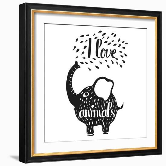 Hand Drawn Lettering Typography Poster on the Silhouette of an Elephant on a White Background. I Lo-Alena Dubinets-Framed Art Print