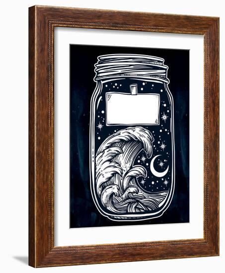 Hand Drawn Romantic Wish Jar with Night Sky and Water Waves in the Sea or Ocean . Vector Illustrati-Katja Gerasimova-Framed Art Print