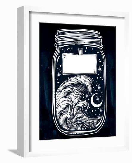 Hand Drawn Romantic Wish Jar with Night Sky and Water Waves in the Sea or Ocean . Vector Illustrati-Katja Gerasimova-Framed Art Print