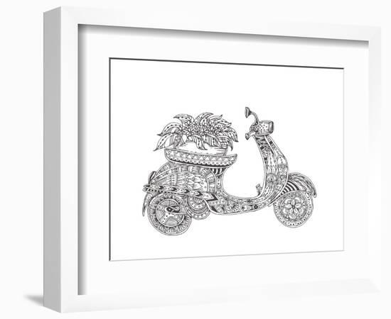 Hand-Drawn Scooter with Ethnic Floral Doodle Pattern. Coloring Page - Zendala, Design for Spiritual-Evgeniya Anfimova-Framed Art Print