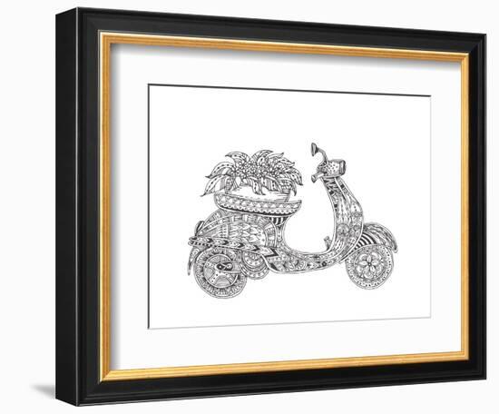 Hand-Drawn Scooter with Ethnic Floral Doodle Pattern. Coloring Page - Zendala, Design for Spiritual-Evgeniya Anfimova-Framed Art Print