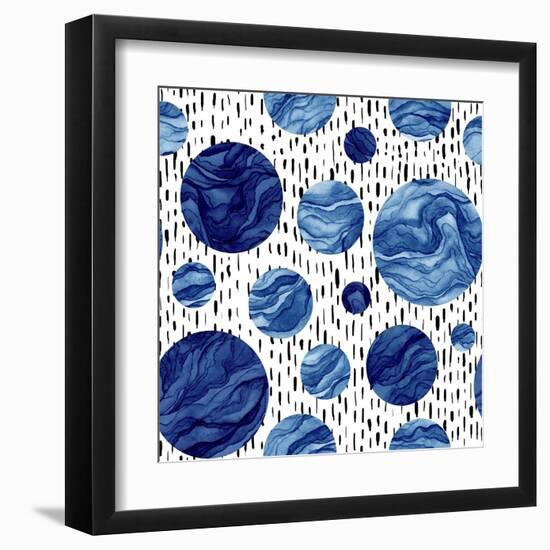 Hand Drawn Seamless Pattern of Watercolor Deep Blue Circles. Marble Texture-Nebula Cordata-Framed Art Print