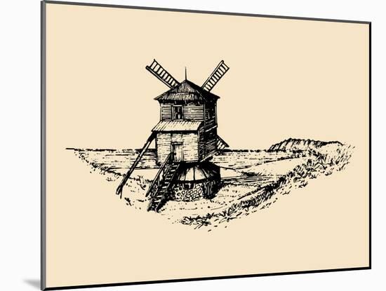 Hand Drawn Sketch of Rustic Windmill at Seashore. Vector Rural Landscape Illustration. European Cou-Vlada Young-Mounted Art Print