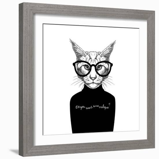 Hand Drawn Stylized Portrait of Cat Look like Critique, Whose Wearing Glasses and a Sweater.-artant-Framed Art Print