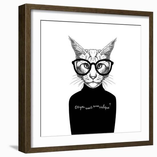 Hand Drawn Stylized Portrait of Cat Look like Critique, Whose Wearing Glasses and a Sweater.-artant-Framed Art Print