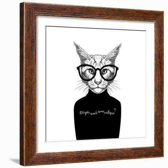 Hand Drawn Stylized Portrait of Cat Look like Critique, Whose Wearing Glasses and a Sweater.-artant-Framed Art Print