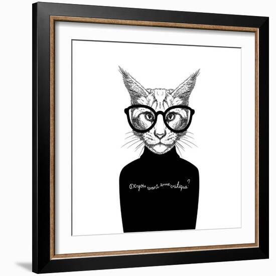 Hand Drawn Stylized Portrait of Cat Look like Critique, Whose Wearing Glasses and a Sweater.-artant-Framed Art Print