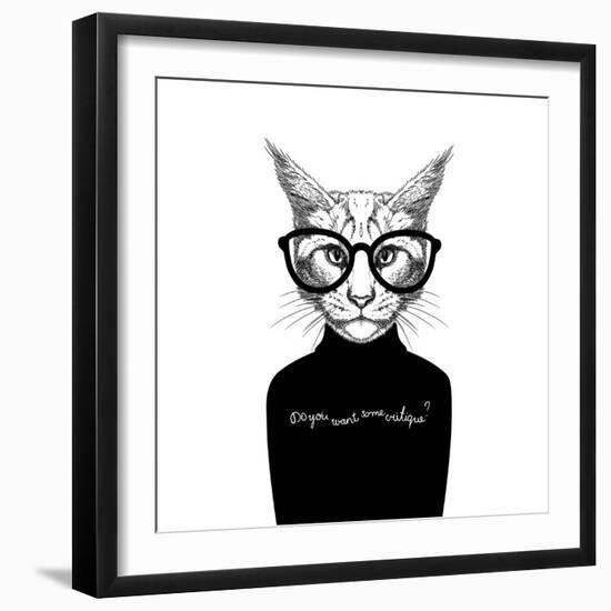 Hand Drawn Stylized Portrait of Cat Look like Critique, Whose Wearing Glasses and a Sweater.-artant-Framed Art Print